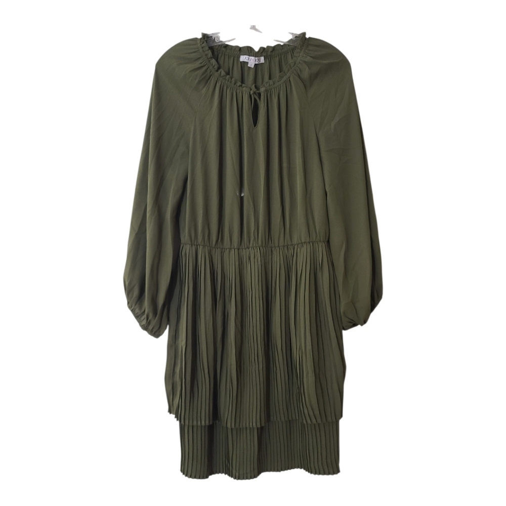 Joy Joy Olive  Pleated Long-Sleeve Dress Sz Small Length 34"